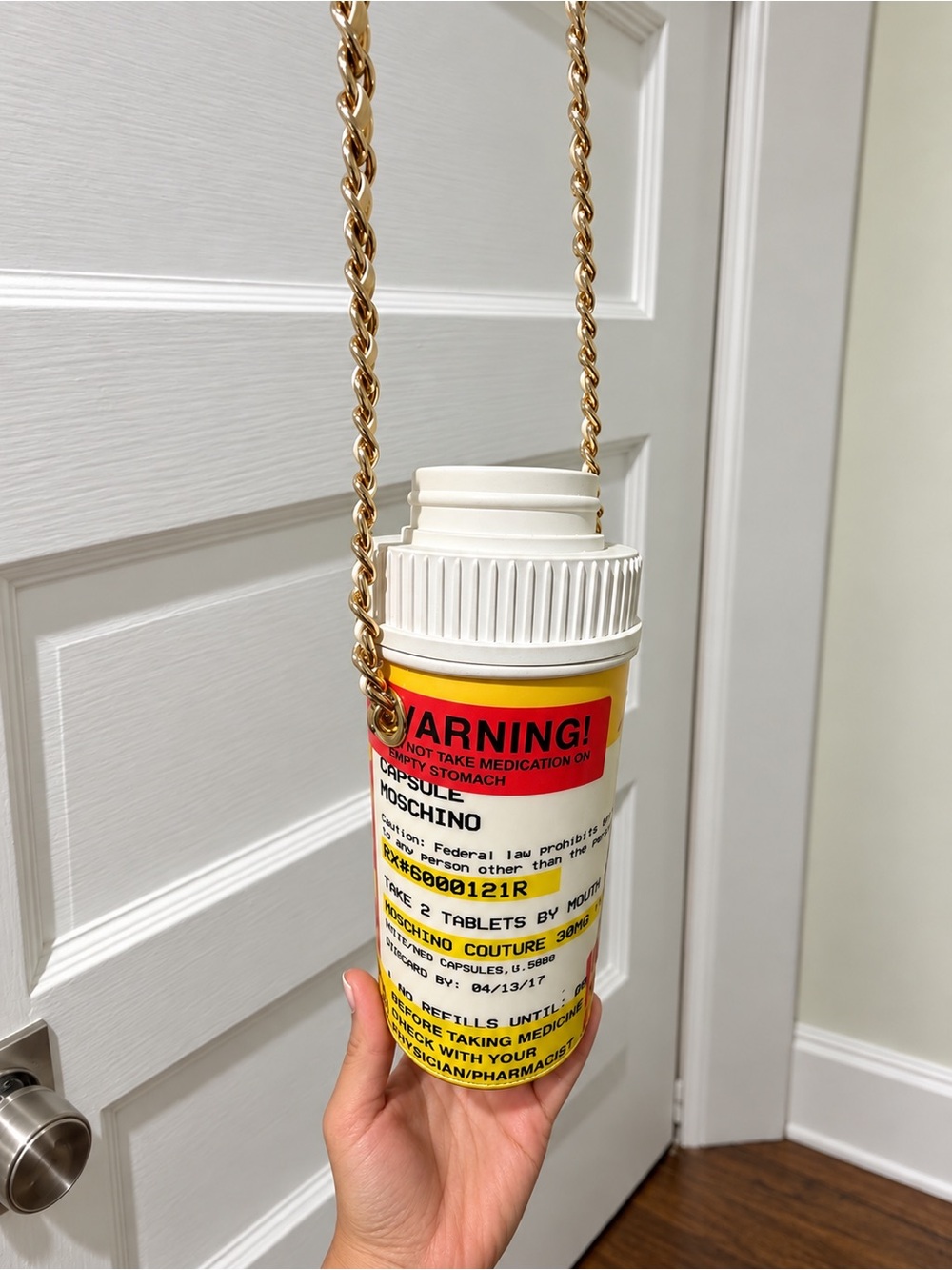 Moschino White, Yellow and Red Pill Bottle Crossbody Bag with Gold Chain